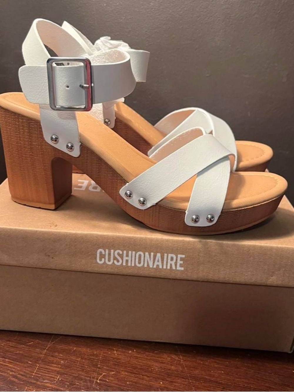 Cushionaire White Platform Block Heel Sandals with Stud Detail